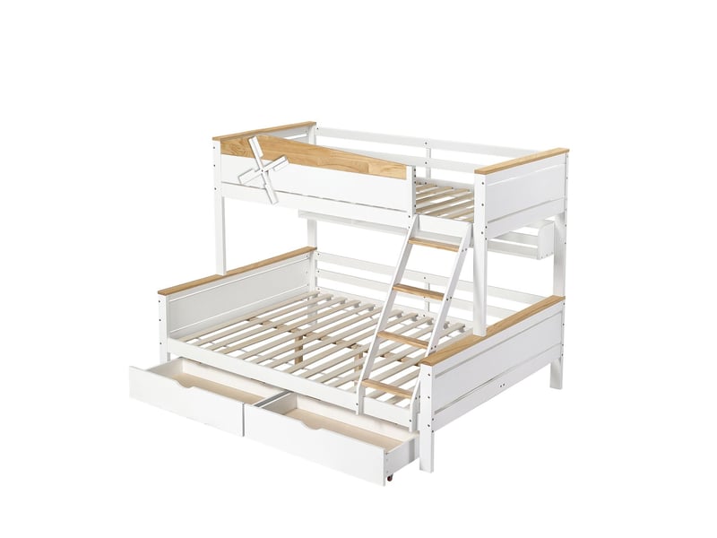  Lits superposés 90140x200 - design moulin à vent - lit superposé enfant - étagères et 2 tiroirs de rangement - pin massif - blanc  - Conforama A