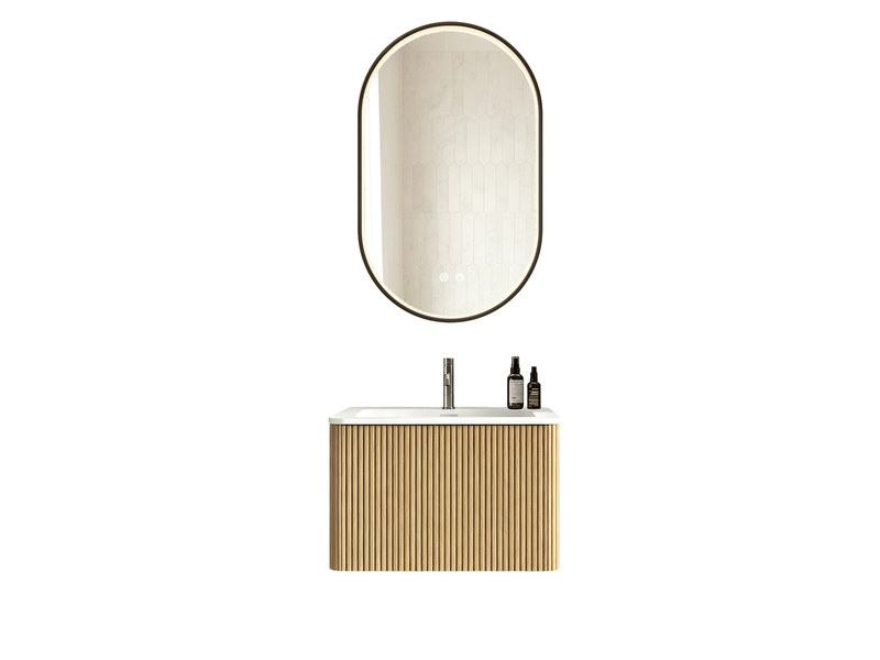  Meuble vasque suspendu 61 cm avec miroir led ovale, un tiroir, coloris chêne  - Conforama A
