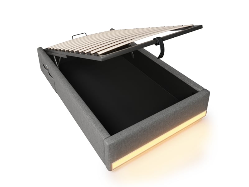  Lit rembourré, 90 x 200 cm, bande led, ports usb et type-c, petites poches de rangement, sans tête de lit, système de rangement hydraulique, matelas non inclus, gris  - Conforama E