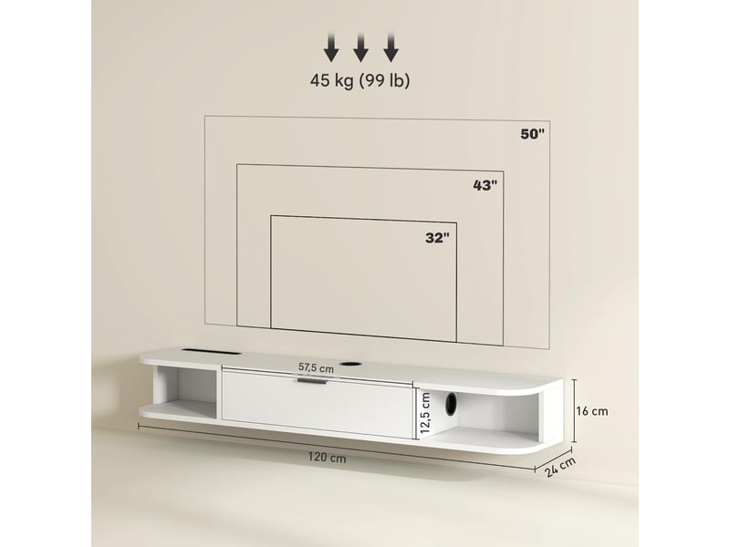  Meuble tv suspendu 1 tiroir rabattable et 2 étagères blanc 120x24x16 cm  - Conforama C