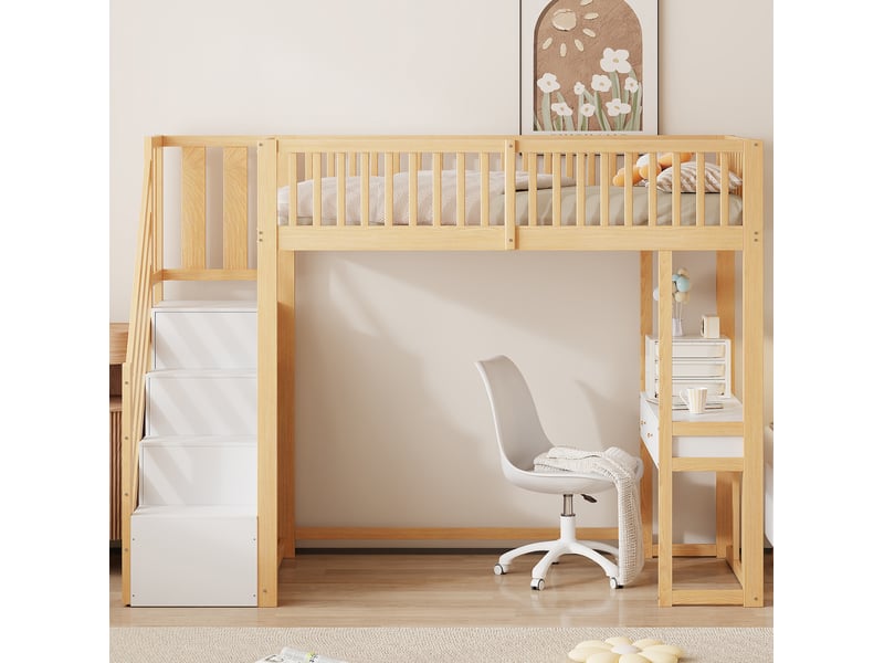  Lit mezzanine enfant 90 x 200 cm avec bureau multifonction et escalier de rangement blanc et bois clair  - Conforama C