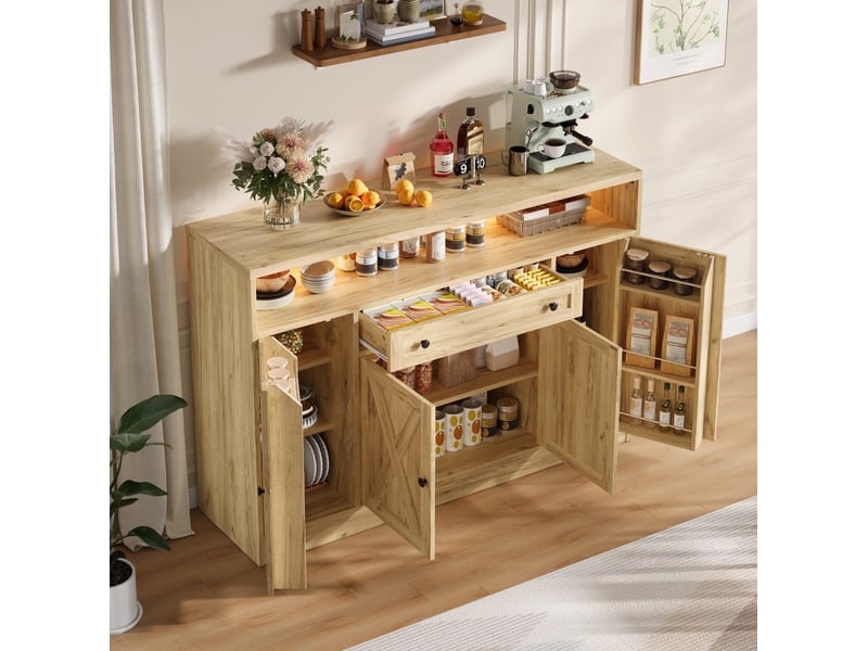  Buffet avec led rgb et  avec 4 portes et tiroir, buffet salon 140x35x95 cm en mdf naturel, meubles de rangement  - Conforama B