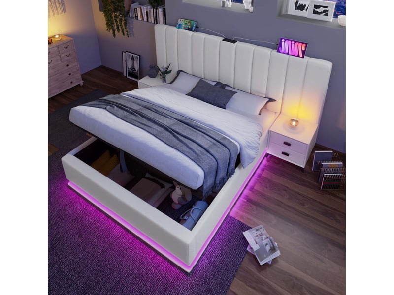  Lit coffre tcqpz 160 x 200 cm avec led, usb-c et matelas, pu blanc  - Conforama E