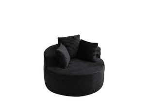 Fauteuil pouf rond 1 place avec trois coussins, larges accoudoirs et dessous antidérapant en velours côtelé noir