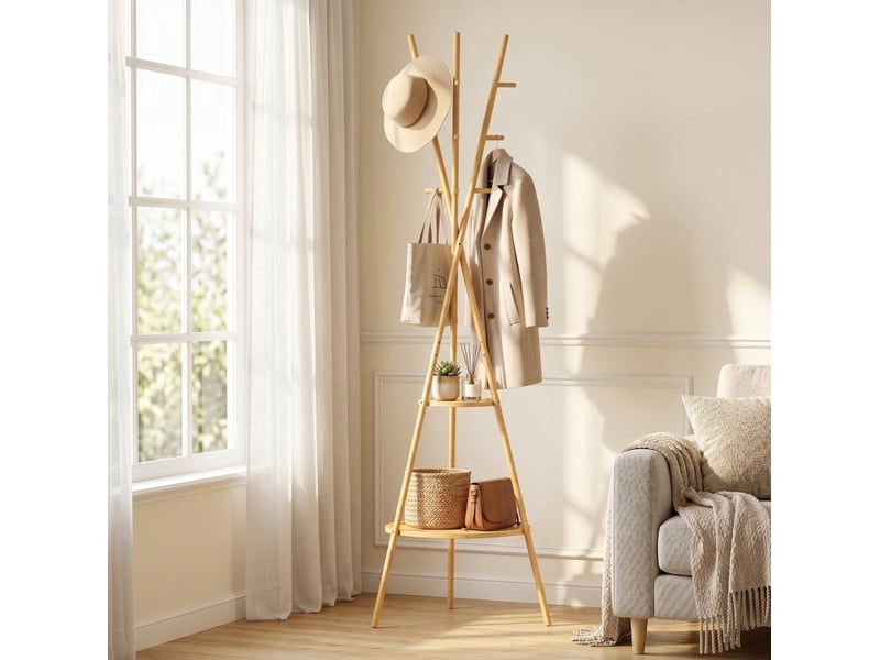 Porte-manteau sur pied en bambou naturel avec 9 crochets et 2 étagères - Conforama D