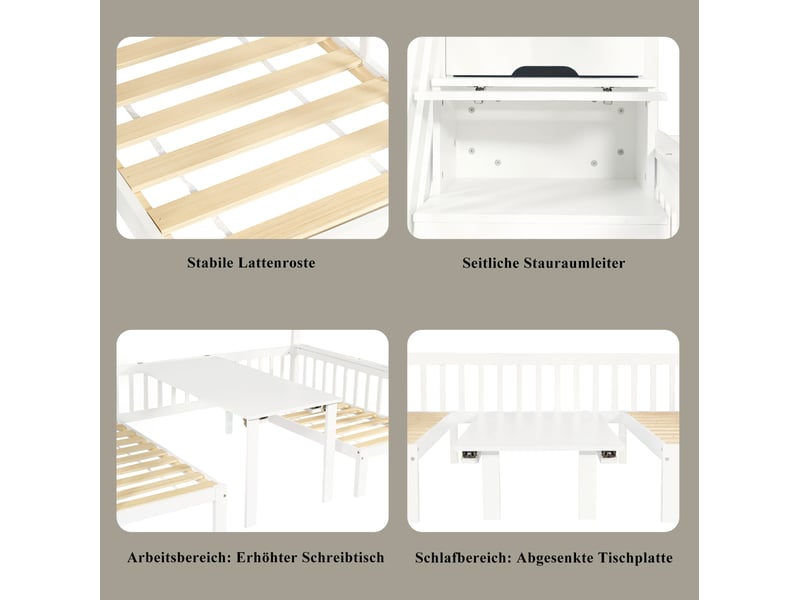  Lit superposé enfant 90x200 et 120x200 cm – blanc – table rabattable, escalier de rangement et garde-corps  - Conforama E