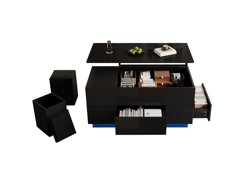  Table basse relevable 4en1 100x50x45-59 cm rangement led 2 tiroirs 2tabourets laqué panneau particules noir  - Conforama A