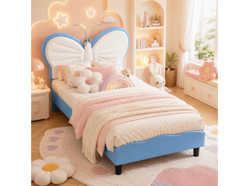 Lit enfant pour une fille 90x200 - sommier à lattes + liseuse + dossier rembourré - tête de lit réglable - 1 personne - lit fille 90x200cm avec led - lit enfant rembourré avec sommier à lattes - tête de lit réglable en papillon … - Conforama B
