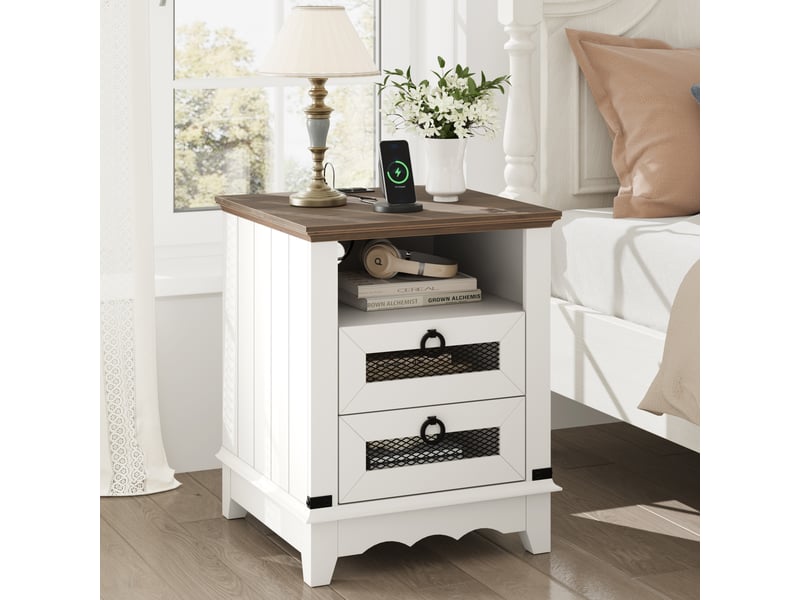  Table d'appoint farmhouse, station de recharge, 2 tiroirs, niche ouverte, 2 ports usb, 46 cm, salon bout canapé chevet, marron blanc PHO_0ZPH8GHH - Conforama D