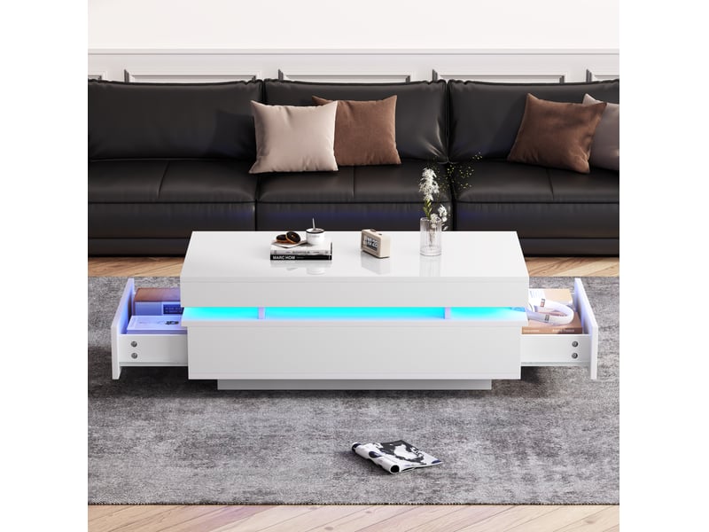  Table salon rangement 100 50 35 cm bois blanc led moderne élégant deux tiroirs homvra  - Conforama D