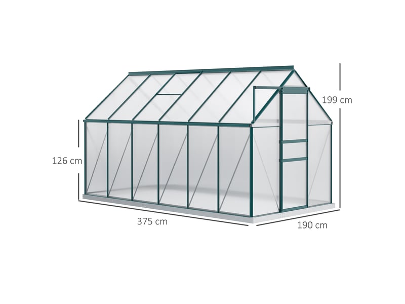  Serre de jardin en polycarbonate 190 x 375 x 199 cm, avec fenêtre ouvrante et porte coulissante, structure en aluminium, verte  - Conforama E
