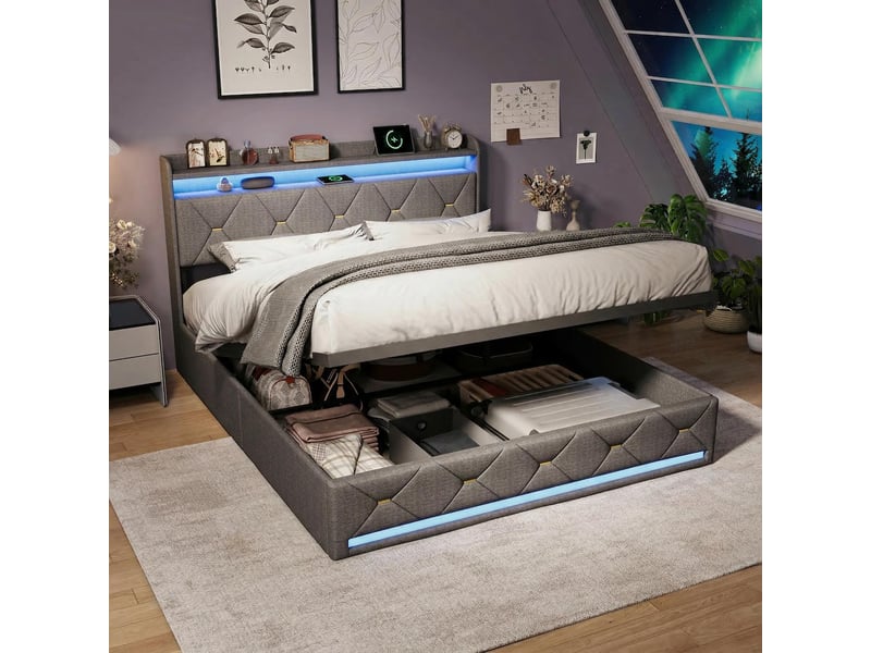  Lit coffre 140x200cm - lit double 140x200 rembourré en lin gris, led rgb, chargeur sans fil, usbtype-c - gris  - Conforama C