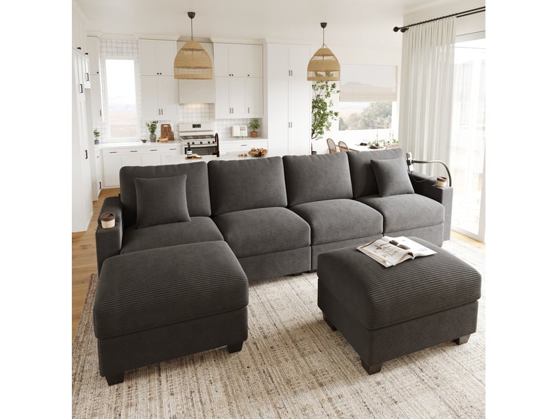  Canapé modulable convertible en u 6 places gris en velours côtelé avec repose-pieds  - Conforama C