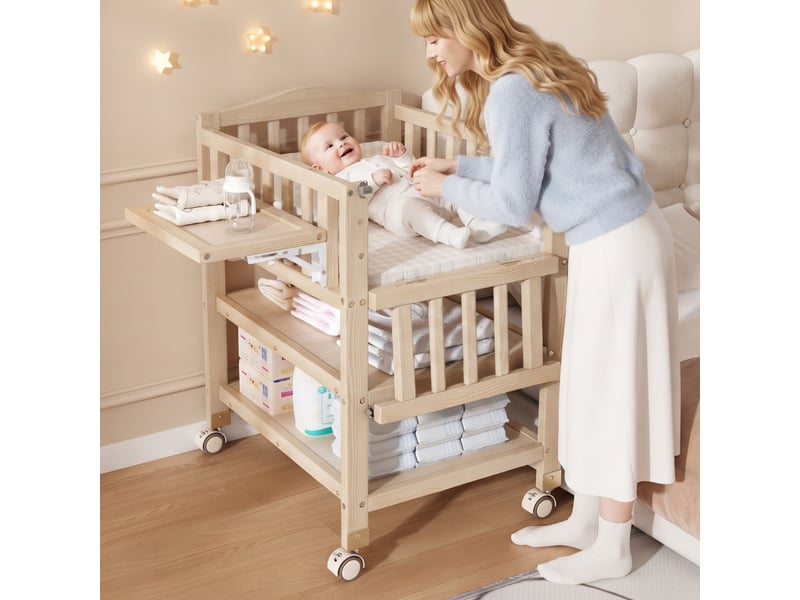  Table à langer 3-en-1 avec lit bébé et rangements, 89 x 58 x 102 cm, pin et mdf, naturel  - Conforama E