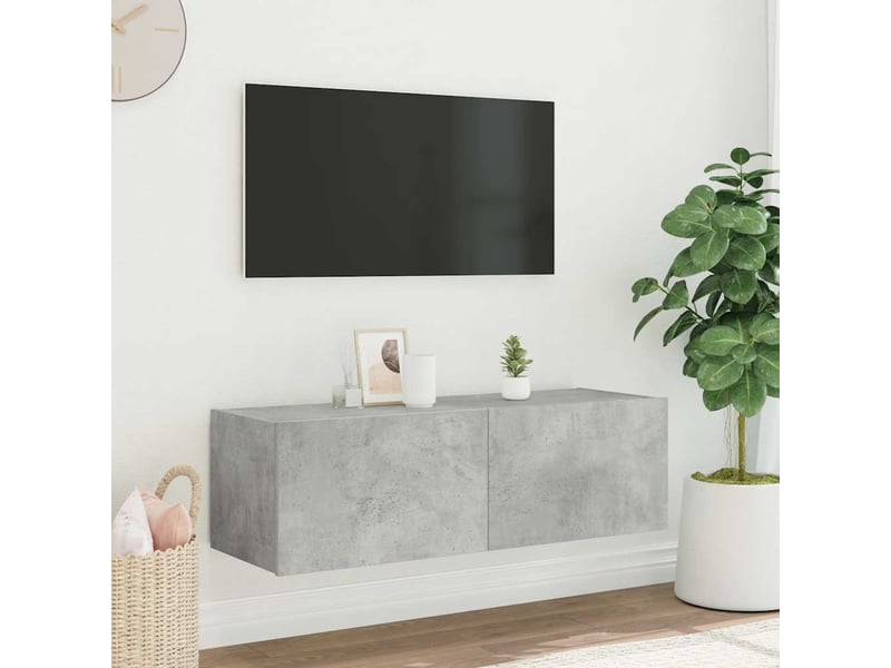  Meuble tv - banc tv - meuble de rangement mural avec lumières led gris béton 100x35x31 cm  - Conforama E