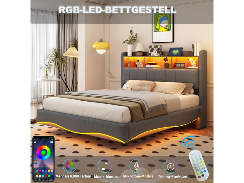  Lit capitonné suspendu 160x200 cm gris en lin, led, usb type-c et rangement de tête et coffre  - Conforama C