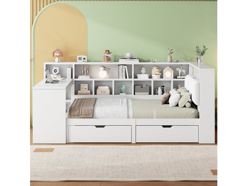 Lit combiné 140x200 cm avec bureau, bibliothèque, tiroirs, led et tête rembourrée blanc - Conforama E