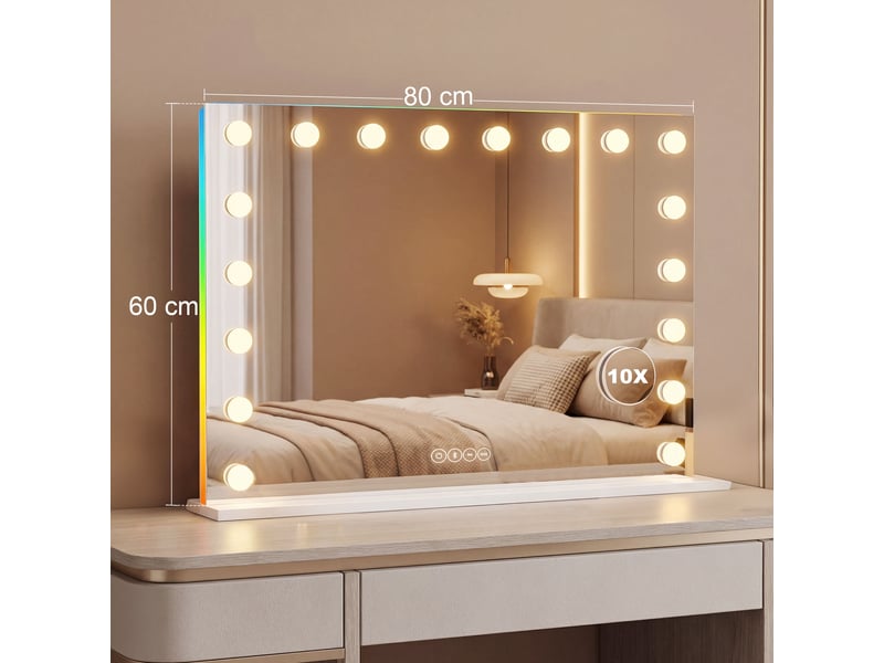  Miroir maquillage hollywood 18 ampoules led, 3 couleurs d'éclairage, lumière rgb, blanc, haut-parleur bluetooth  - Conforama C