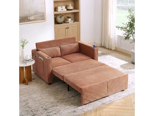 Canapé convertible 2 places orange, design minimaliste, structure bois et tissu, rangement intégré, idéal salon moderne