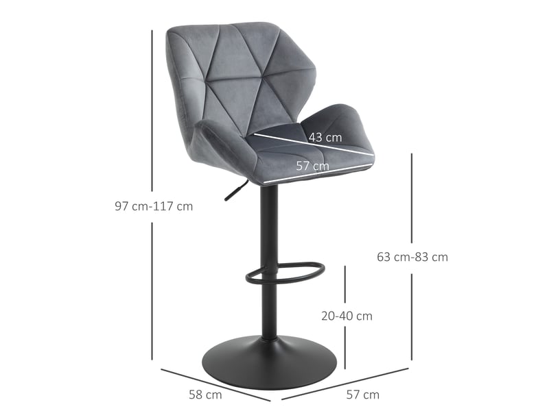  Ensemble de 2 tabourets de bar rembourrés avec structure en métal, dossier, revêtement aspect velours, hauteur réglable, pivotants à 360°.  - Conforama E