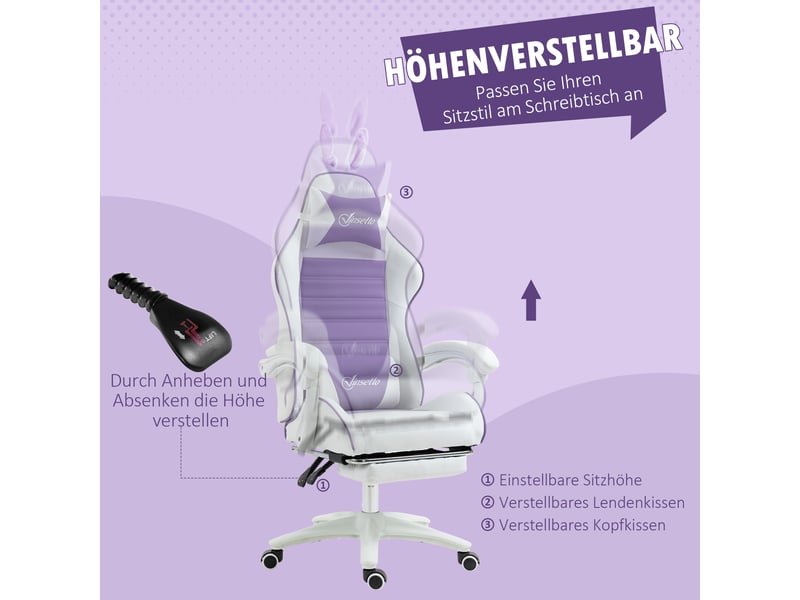  Chaise gaming ergonomique violette et blanche avec repose-pieds, dossier inclinable et coussins  - Conforama R