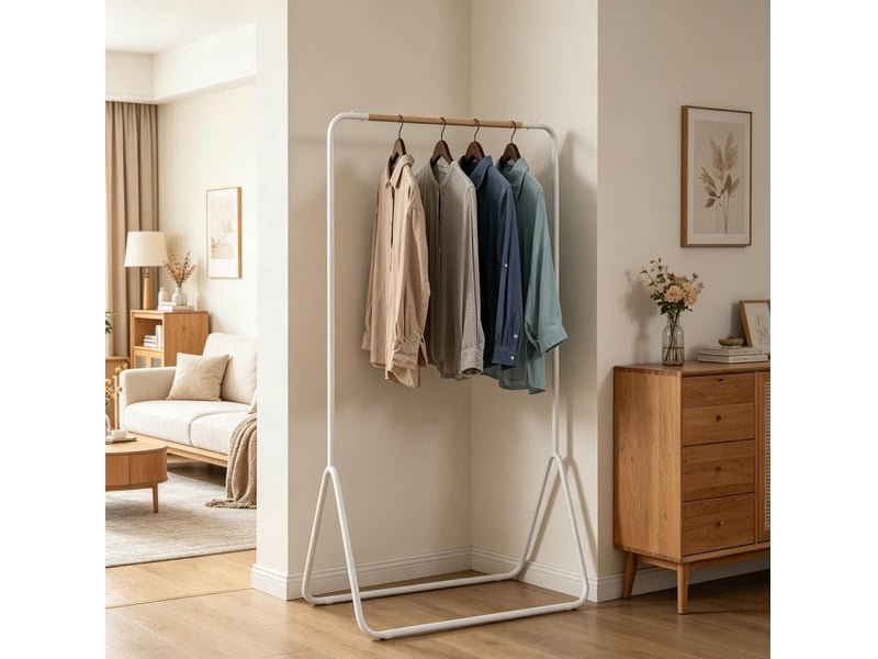  Portant à vêtements en métal blanc avec barre en bois, 80x45x145 cm  - Conforama D