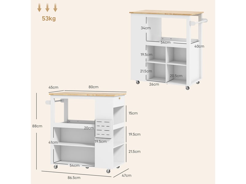  Chariot de cuisine avec étagères réglables, porte-couteaux et plateau en bois, 86,5 x 47 x 88 cm, blanc  - Conforama E