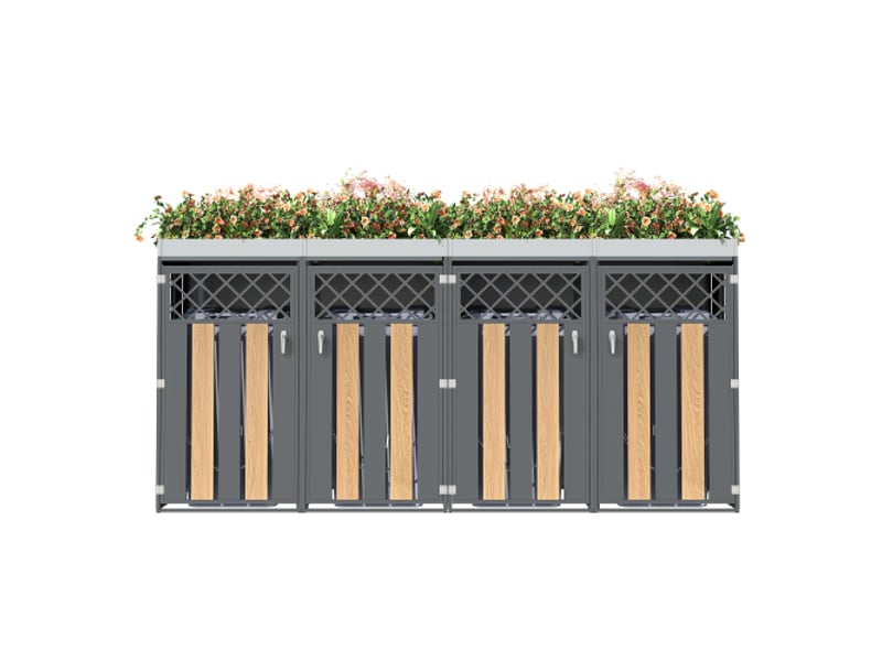  Placard à ordures avec jardinière intégrée - quatre compartiments - verrouillable - ventilation losange - grain de bois bicolore - Conforama A