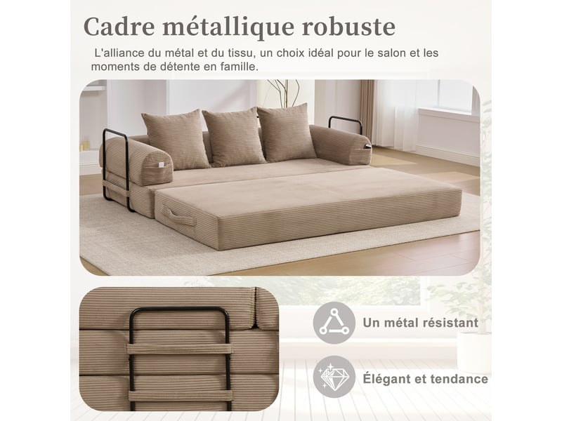 Canapé modulable velours côtelé kaki avec cadre métal et 3 coussins canapé d'angle pour petit espace - Conforama E
