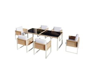 Ensemble table et chaise de jardin avec 1 table et 6 chaises, rotin pe, fer et verre trempé, marron et blanc