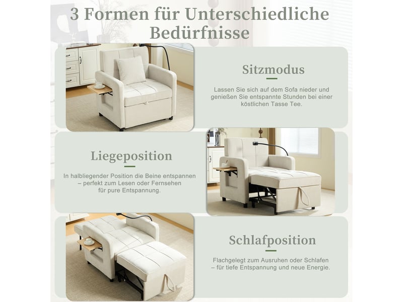 Fauteuil lit convertible 1 place 167 cm-dossier réglable 5 positions avec rangement et tablette-chenille beige - Conforama E