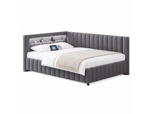 Lit 2 places 140x200 cm – gris – cadre capitonné en velours avec led multicolore et port usb, sans matelas