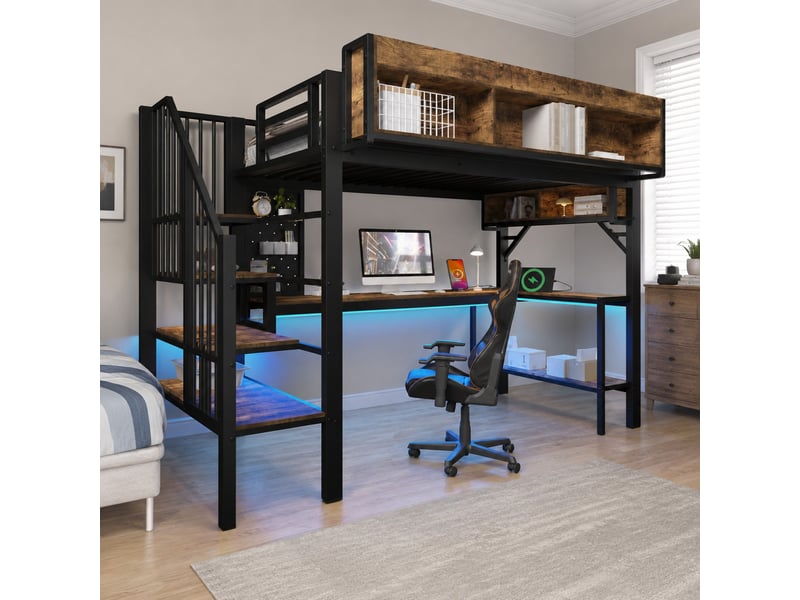  Lit mezzanine lit simple avec bureau d'angle, rangements, usb, type-c et led, 200x90 cm, sans matelas  - Conforama C