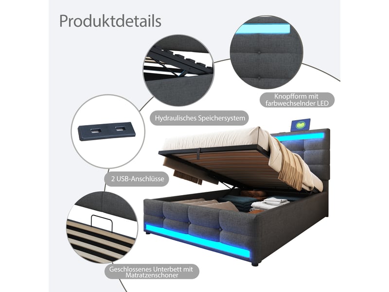  Lit simple enfant 90x200 cm – gris – rangement hydraulique, led rgb, usb et tête de lit réglable, sans matelas  - Conforama E