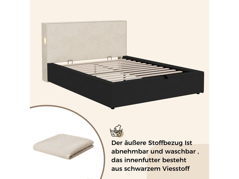  Lit coffre 120 x 200 cm avec sommier relevable à vérins, tissu chenille beige  - Conforama D