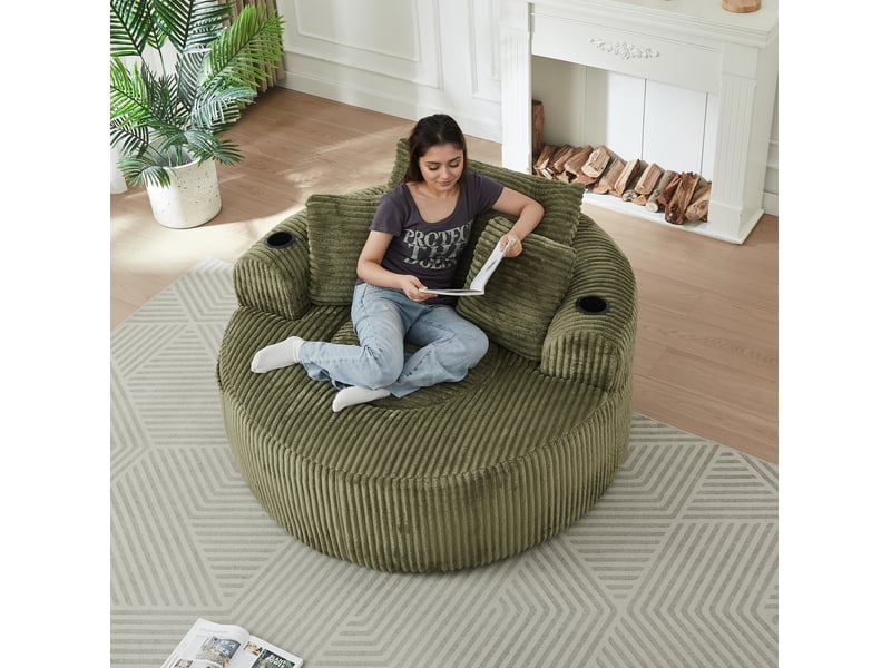  Fauteuil pouf rond avec 3 coussins amovibles, 2 porte-gobelets et poches latérales en velours côtelé vert  - Conforama C