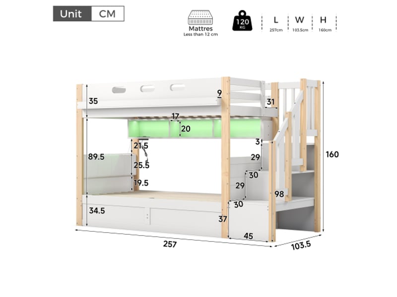 Lit superposé, 90×200 + 90×200 cm, lit gigogne hydraulique, bois massif, led + usb + escalier de rangement, tête capitonnée pu, blanc + naturel - Conforama C