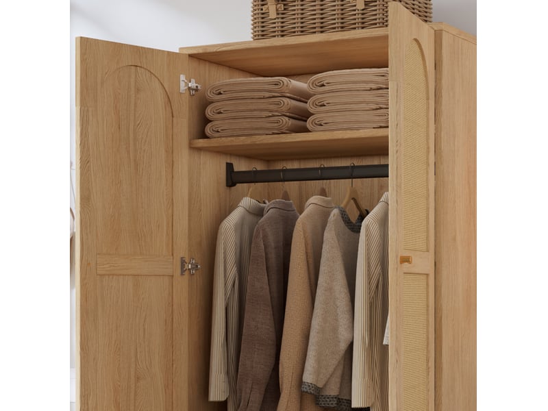  Armoire 80x50x180 cm avec 2 portes et 2 tiroirs, une penderie, design rotin en mdf couleur naturel  - Conforama E