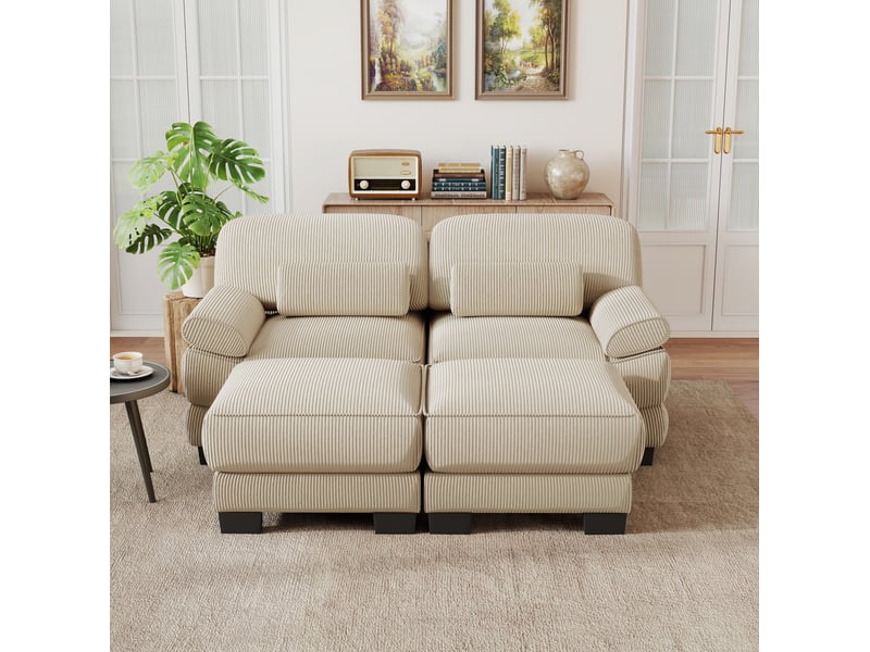 Canapé modulaire 2 places 194x161x94 cm, tendre, assise profonde, dossier, avec 2 poufs, en velours côtelé, beige - Conforama D
