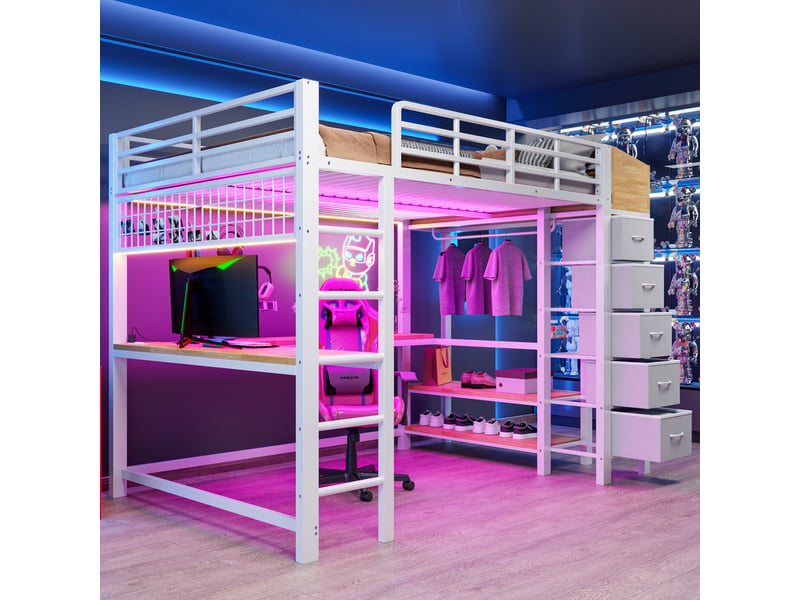 Lit mezzanine gaming 140x200 cm, bureau, led, prises, usb et usb-c, 5 tiroirs en tissu, penderie et étagères, métal et mdf, blanc OMNIGLINT TRADING LTD - Conforama B