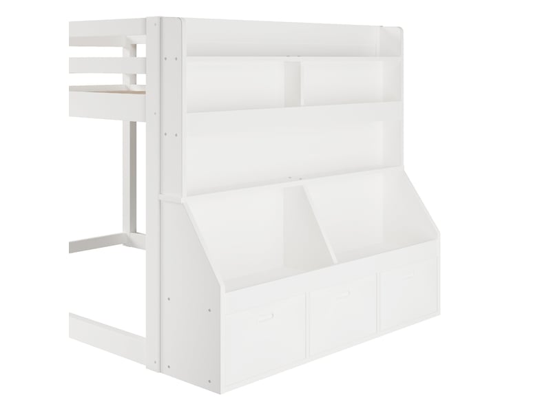  Lit mezzanine en bois massif, 140 x 200 cm, avec bibliothèque, bande led et compartiments de rangement, blanc  - Conforama E