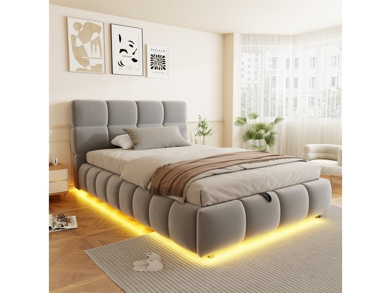 Lit coffre 90x200 cm - lit simple avec rangement hydraulique et led - tête de lit rembourrée - gris - Conforama B
