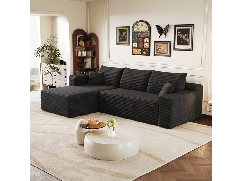  Canapé d'angle en L 241cm,canapé compressé modulable 3 places avec méridienne à gauche,motif nuage,assise profonde,tissu en velours côtelé,noir CARDUME ESTIVAL - Conforama W