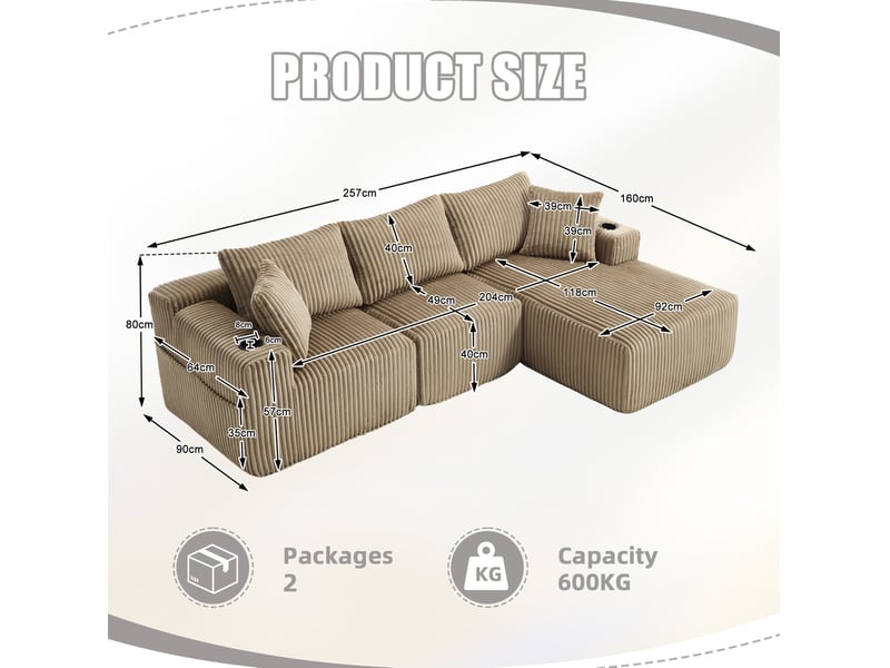  Canapé modulaire 3 places avec méridienne en velours côtelé kaki, 5 coussins, poches et porte-gobelets  - Conforama E
