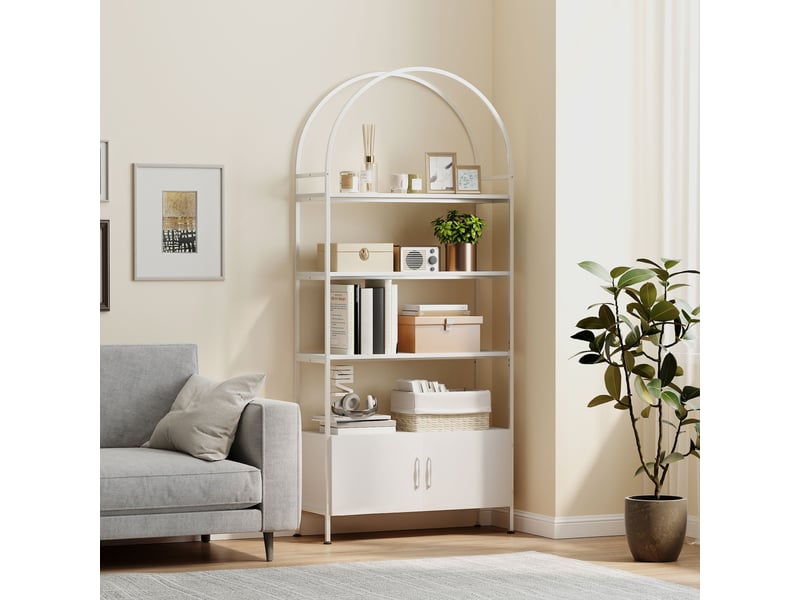  Étagère de rangement, bibliothèque arquée à 4 niveaux avec placard double porte, 80 x 30 x 187 cm, blanc  - Conforama C