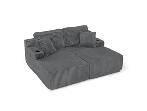 Canapé relax 2 places, canapé lounge, 186x154x78 cm, canapé compressé sans cadre, porte-gobelet, poche latérale, coussins, velours côtelé gris