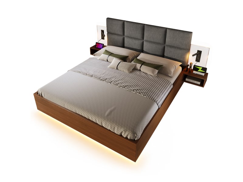 Lit double 180x200 cm en aspect noyer avec tête de lit en lin gris, tables de chevet suspendues, led et usb-ausb-c. - Conforama A