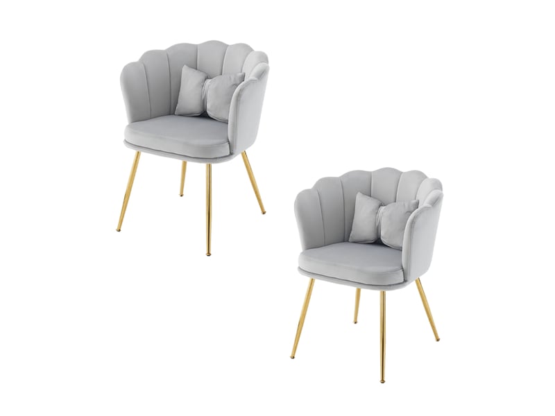  Lot de 2 fauteuils rembourrés avec dossier pétale, coussins de soutien et pieds en métal doré, en velours gris  - Conforama A