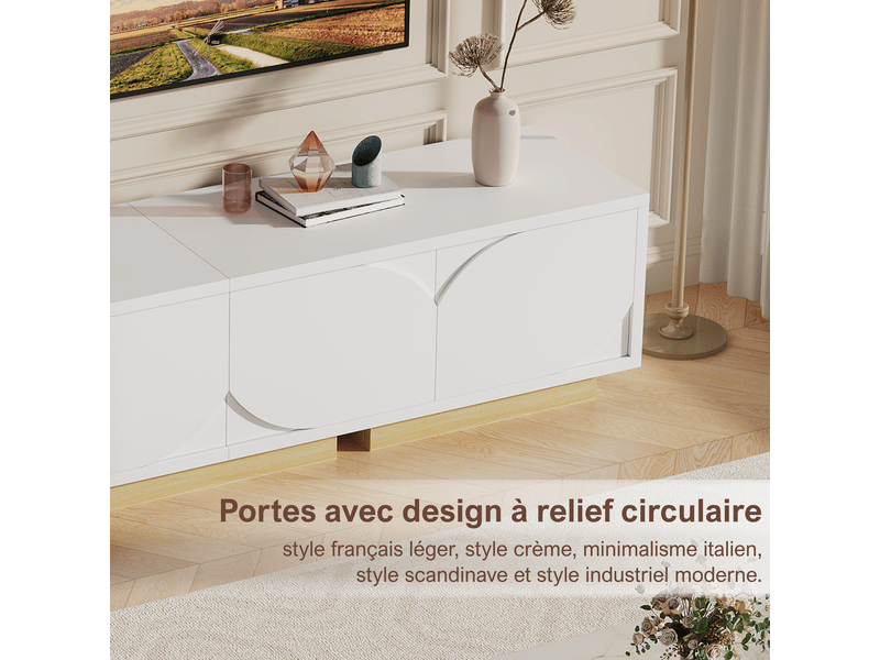  Meuble tv 175 cm longueur, meuble tv blanc et bois, meuble tele blanc brillant avec rangement, meuble tv moderne en bois pour salon ou chambre, support tv jusqu’à 75  - Conforama D