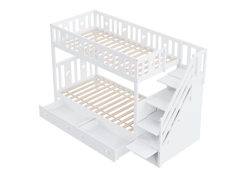  Lit superposé enfant 2x90x200 cm – blanc – escalier de rangement sécurisé, 2 tiroirs et sommiers inclus  - Conforama D